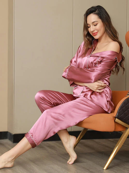 Dark pink Plain Silk Pj Set