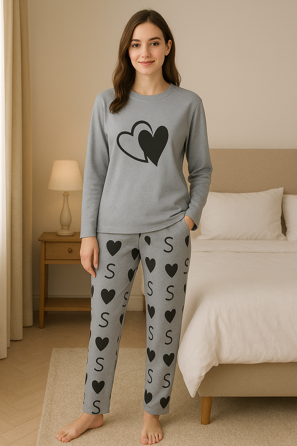 GREY BIG HEARTS PRINTED PJ SUIT FULL SLEEVES