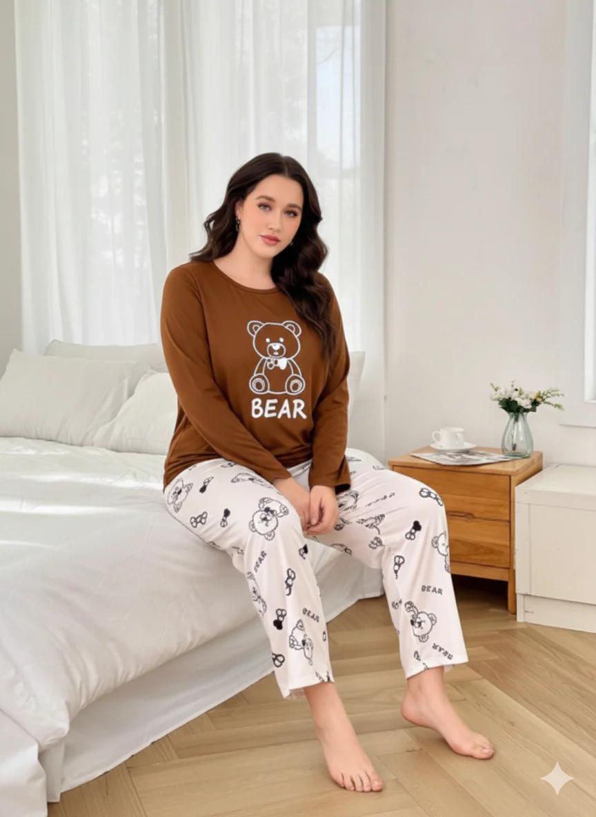 K K Brown Bear Printed Night Suit