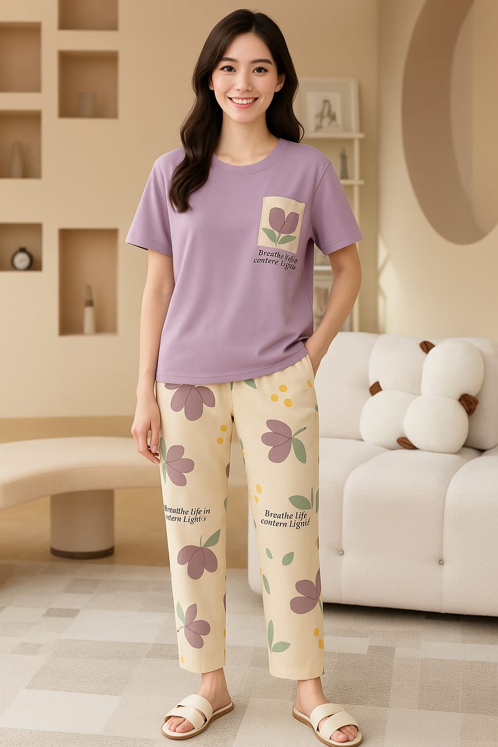 Purple Pocket Flower Printed Night Suite